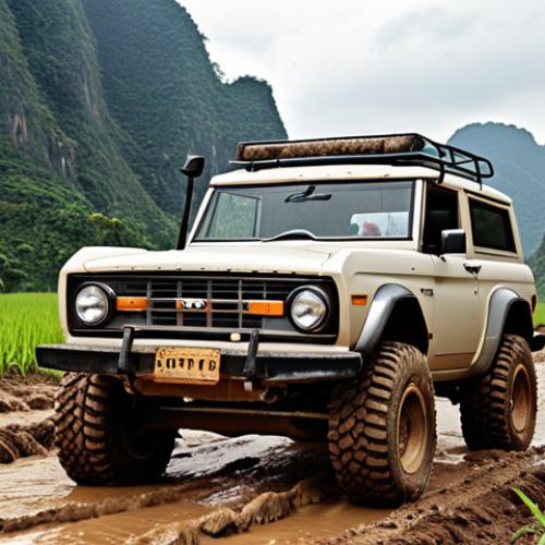 Home 4 **
A Ford Bronco conquering a challenging off-road terrain in Vietnam, such as a muddy rice paddy or rocky mountain pass. Showcasing its high ground clearance, aggressive tires, and powerful stance. The scenery should emphasize the adventurous spirit and the car's ability to handle difficult conditions.
**