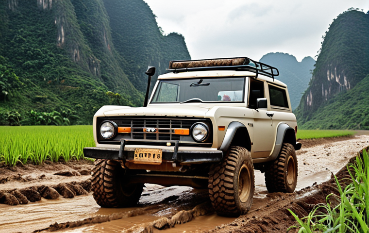 **
A Ford Bronco conquering a challenging off-road terrain in Vietnam, such as a muddy rice paddy or rocky mountain pass. Showcasing its high ground clearance, aggressive tires, and powerful stance. The scenery should emphasize the adventurous spirit and the car's ability to handle difficult conditions.
**